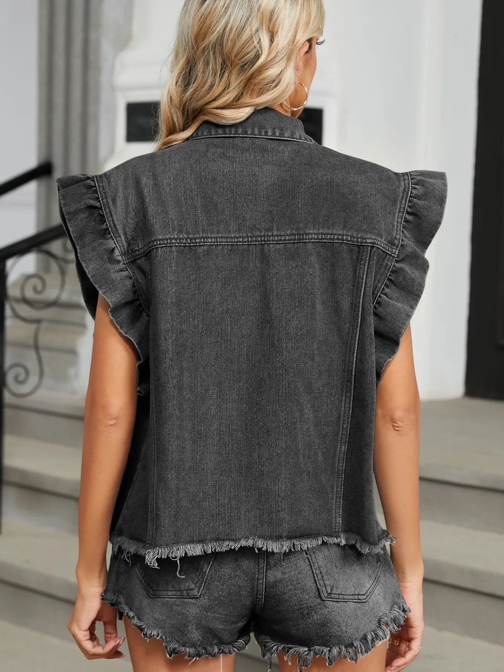 Cap Sleeve Raw Hem Denim Jacket by Manny