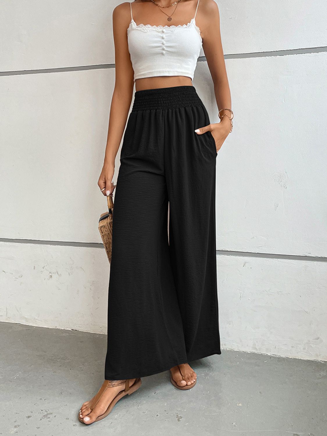 Wide Waistband Relaxed Fit Long Pants
