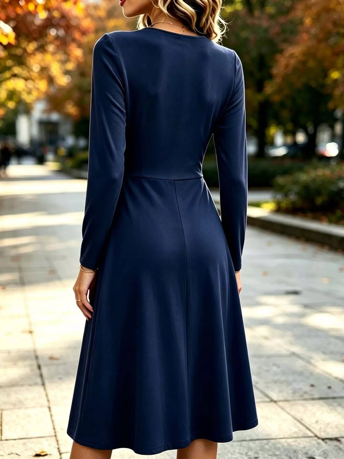 Ruched Long-Sleeve Midi Dress