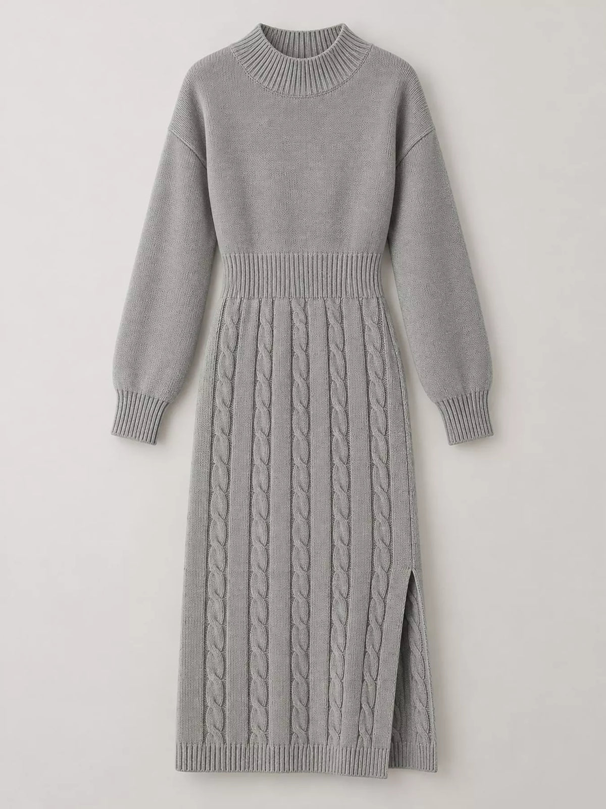 Mock Neck Cable Knit Sweater Dress with Front Slit