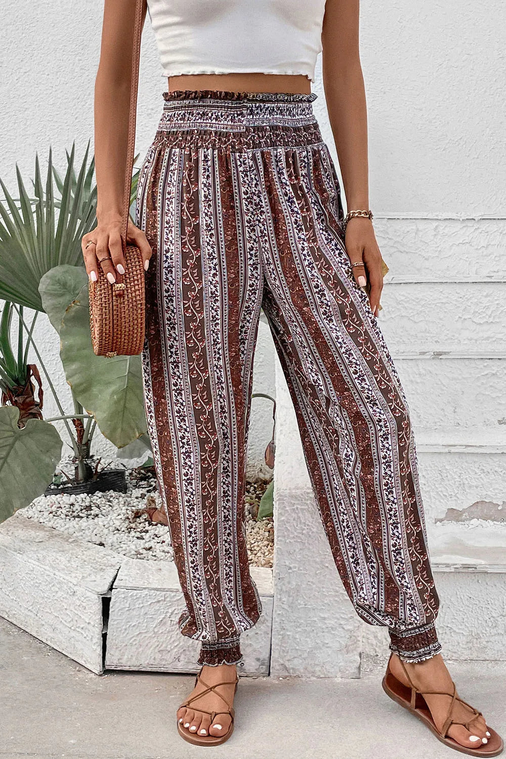Smocked High-Waist Pants in Multicolor