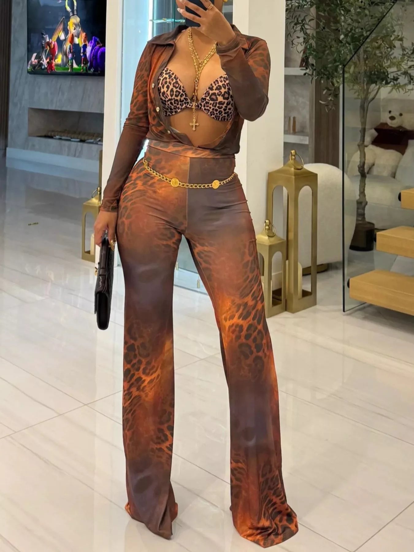 Printed Mesh Shirt and Pants Set