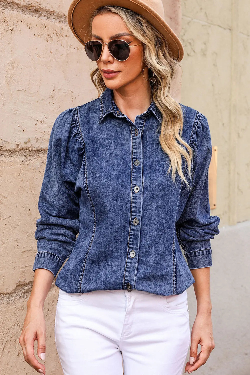 Button-Up Collared Denim Top