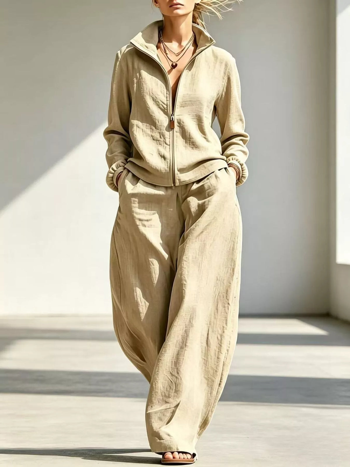 Zip-Up Jacket and Wide-Leg Pants Set in Peacock Blue