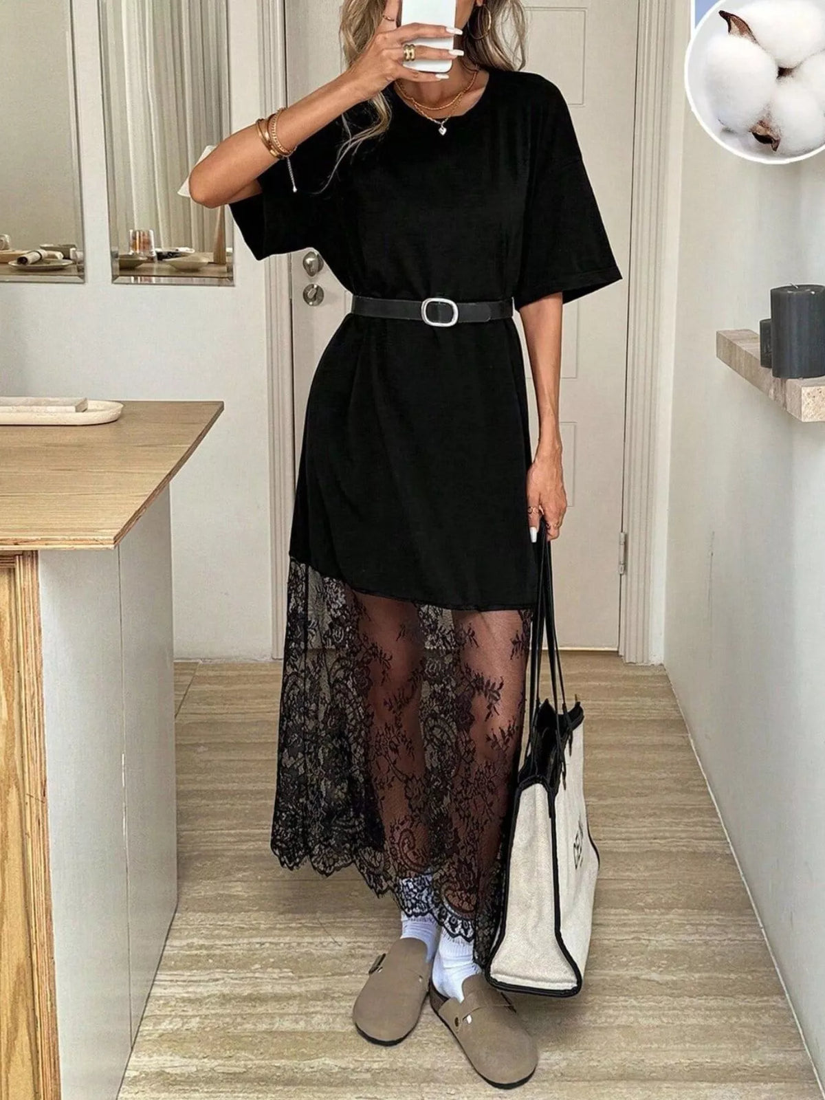 Floral Lace-Hem Tee Dress in Black