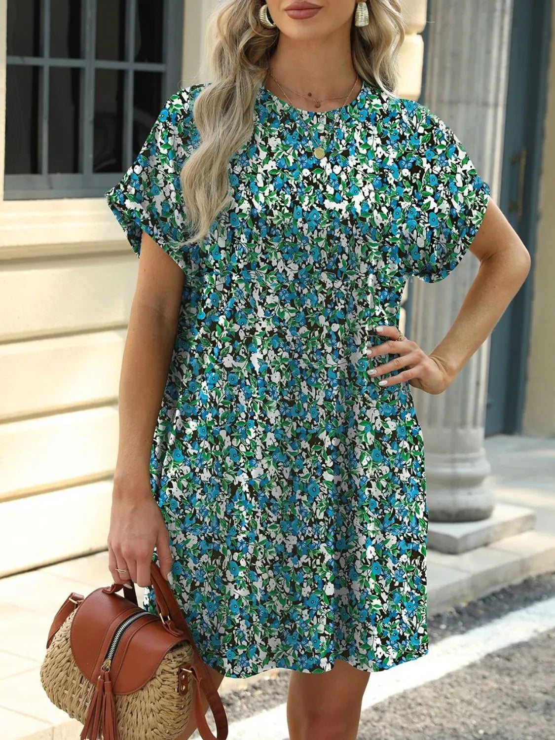 Printed Round Neck Mini Dress