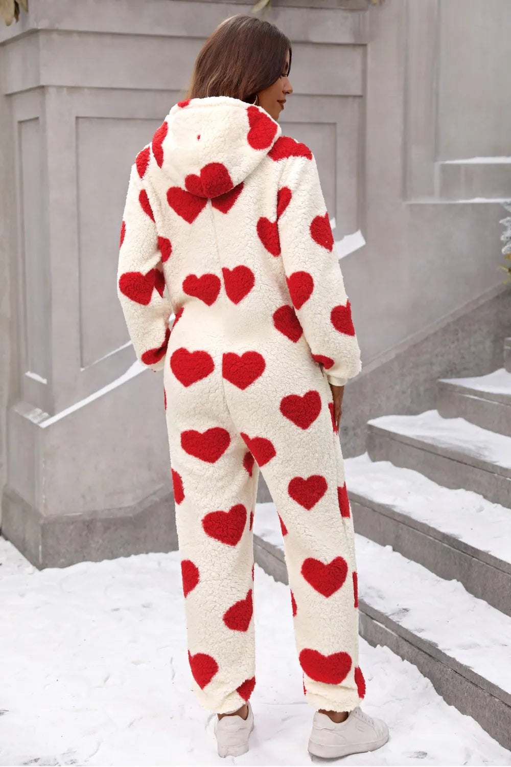 Fuzzy Heart Zip-Up Hooded Lounge Jumpsuit