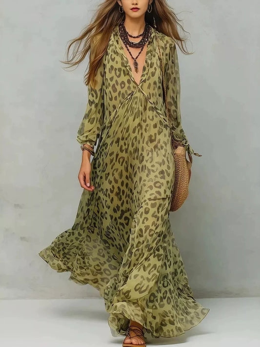 Leopard Print V-Neck Maxi Dress by Kaelinne