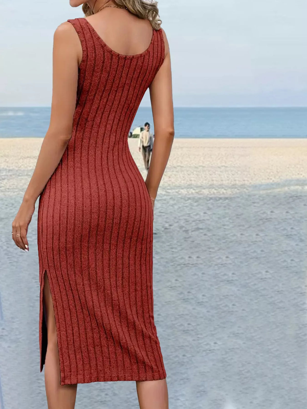 Ribbed Scoop Neck Dress with Side Slit