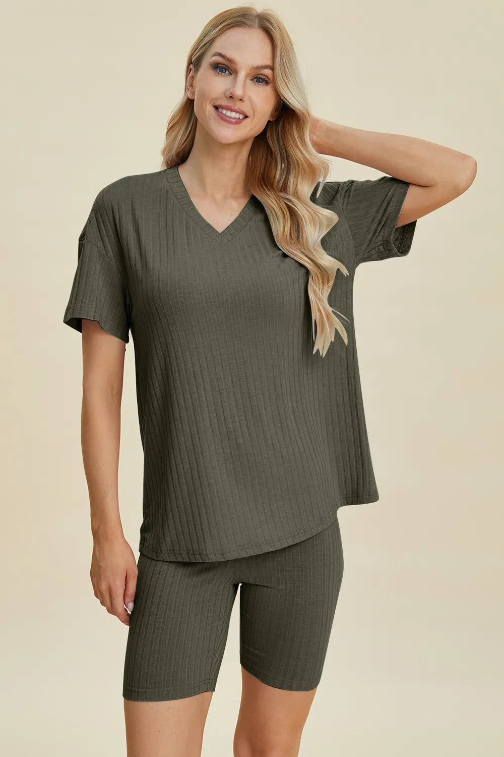 Basic Bae Ribbed V-Neck Top and Shorts Set