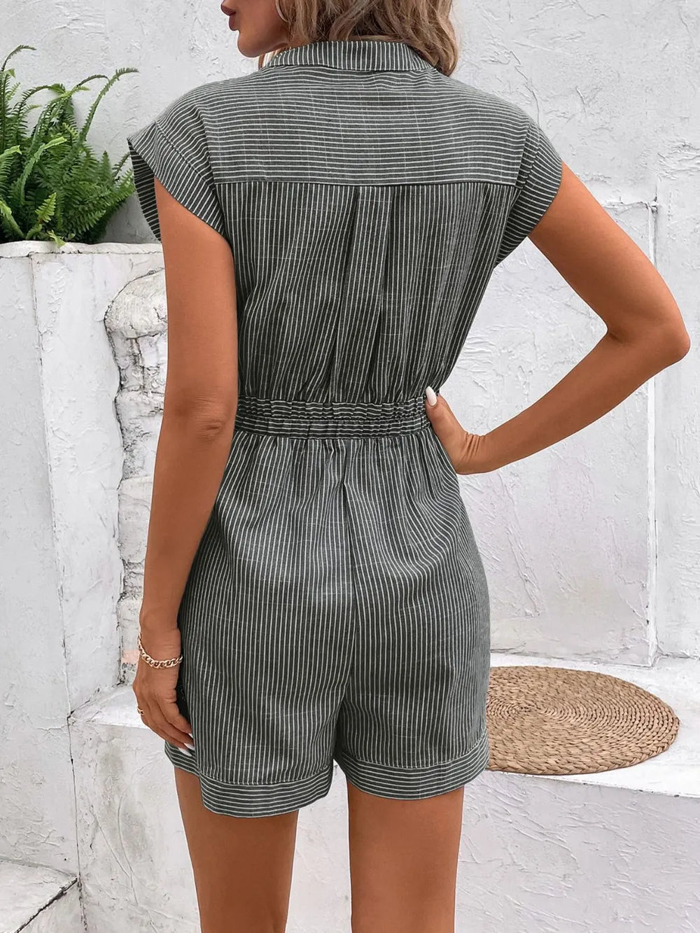 Notched Collar Striped Tie-Waist Romper