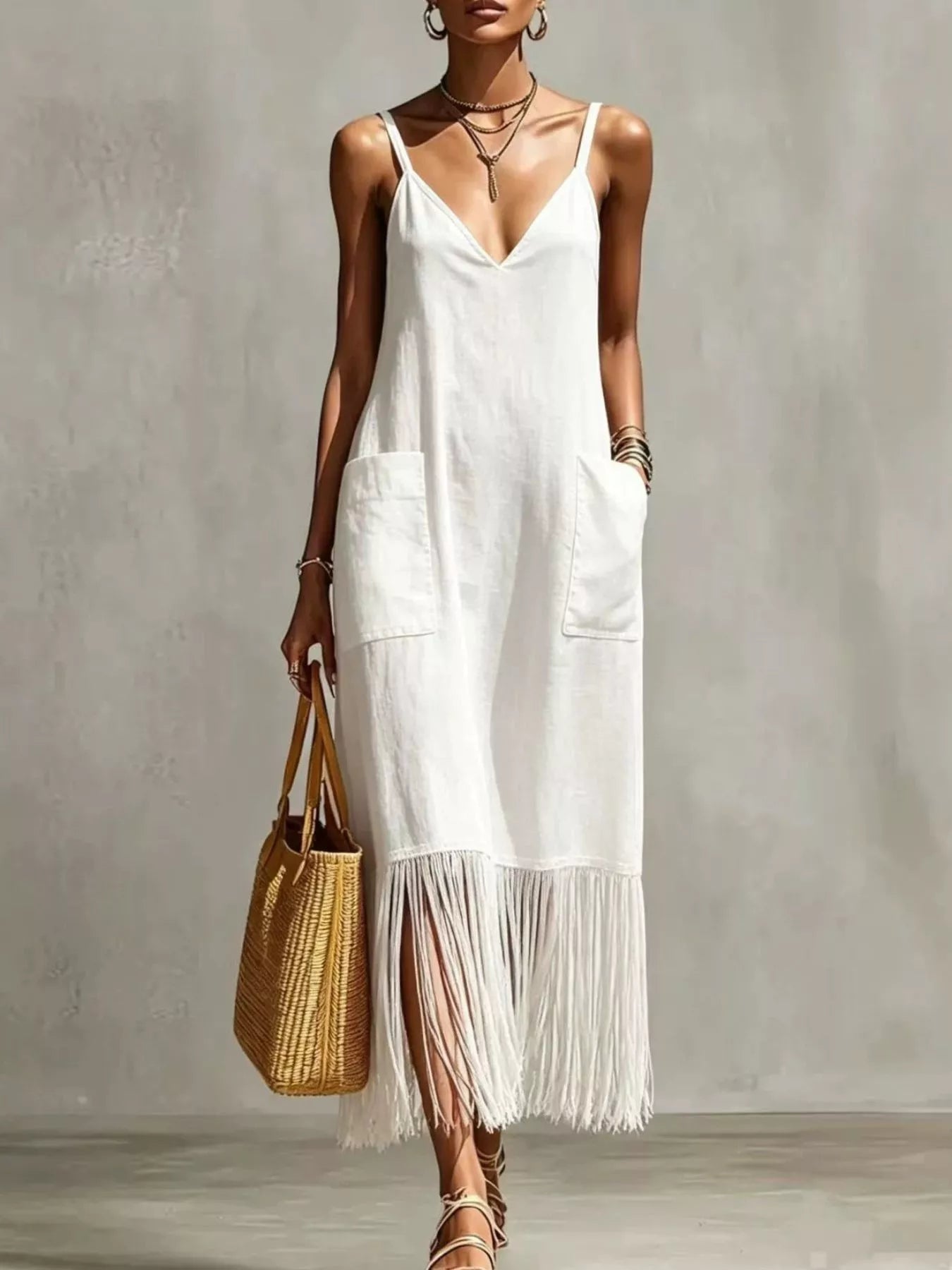 Fringe V-Neck Spaghetti Strap Dress