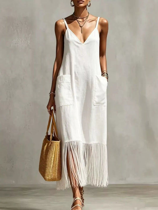 Fringe V-Neck Spaghetti Strap Dress