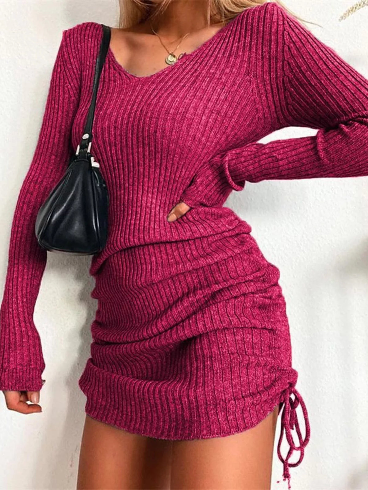 Ribbed Knit Drawstring Bodycon Sweater Dress