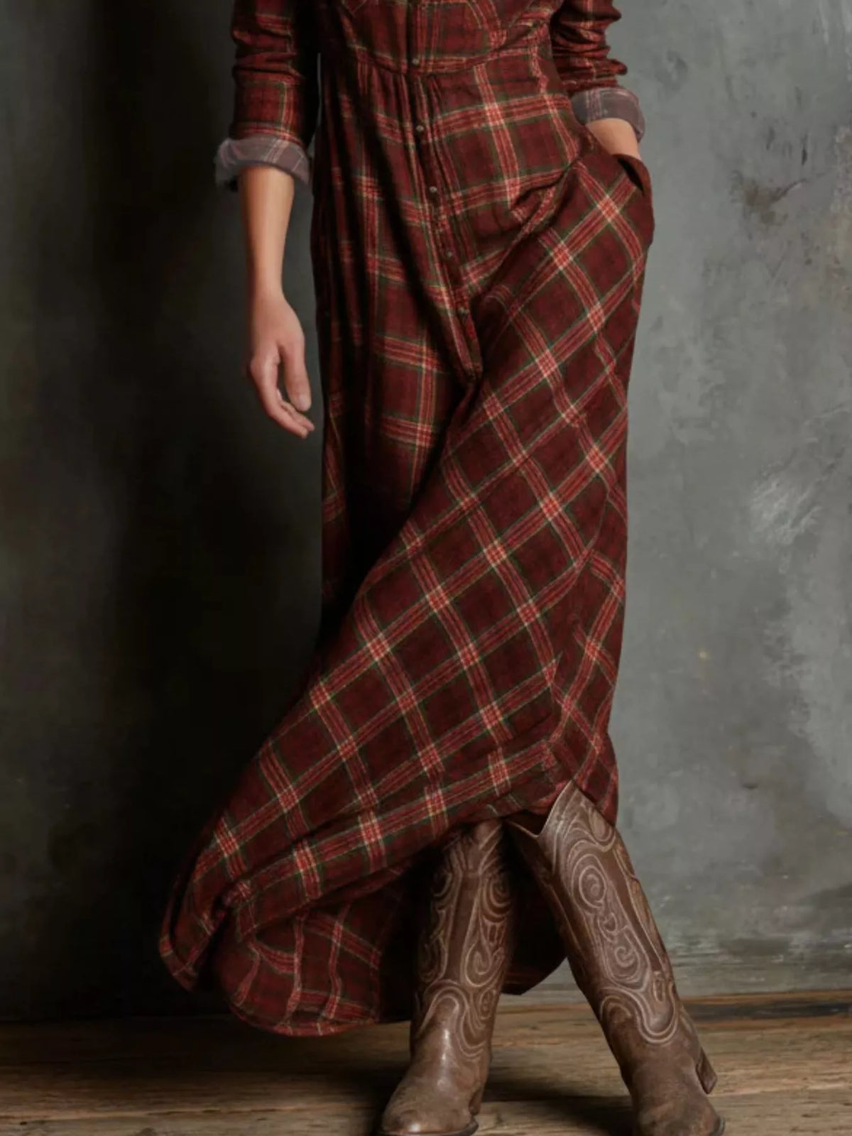 Plaid Button-Down Maxi Dress with Pockets