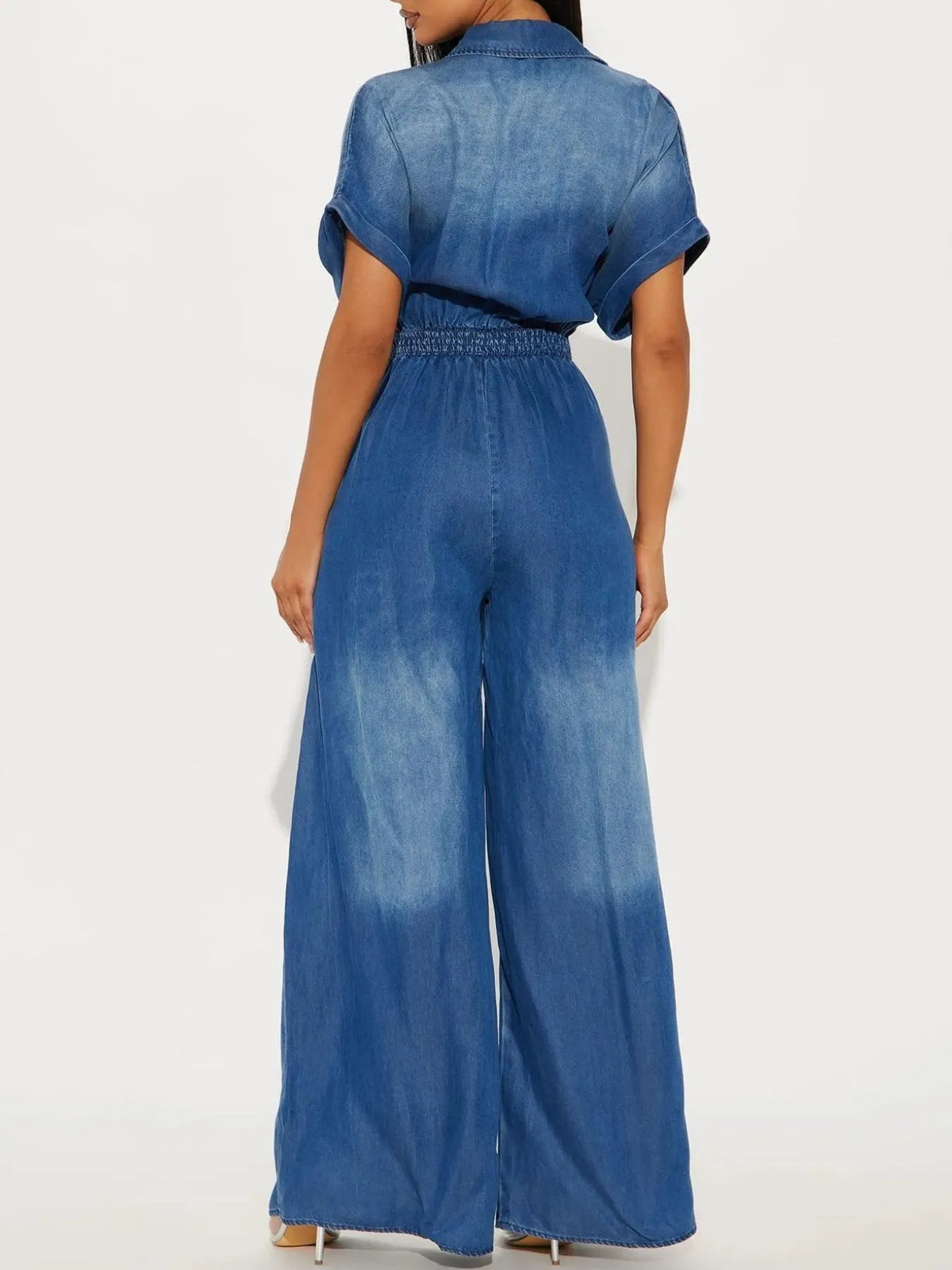Button Front Wide Leg Denim Jumpsuit