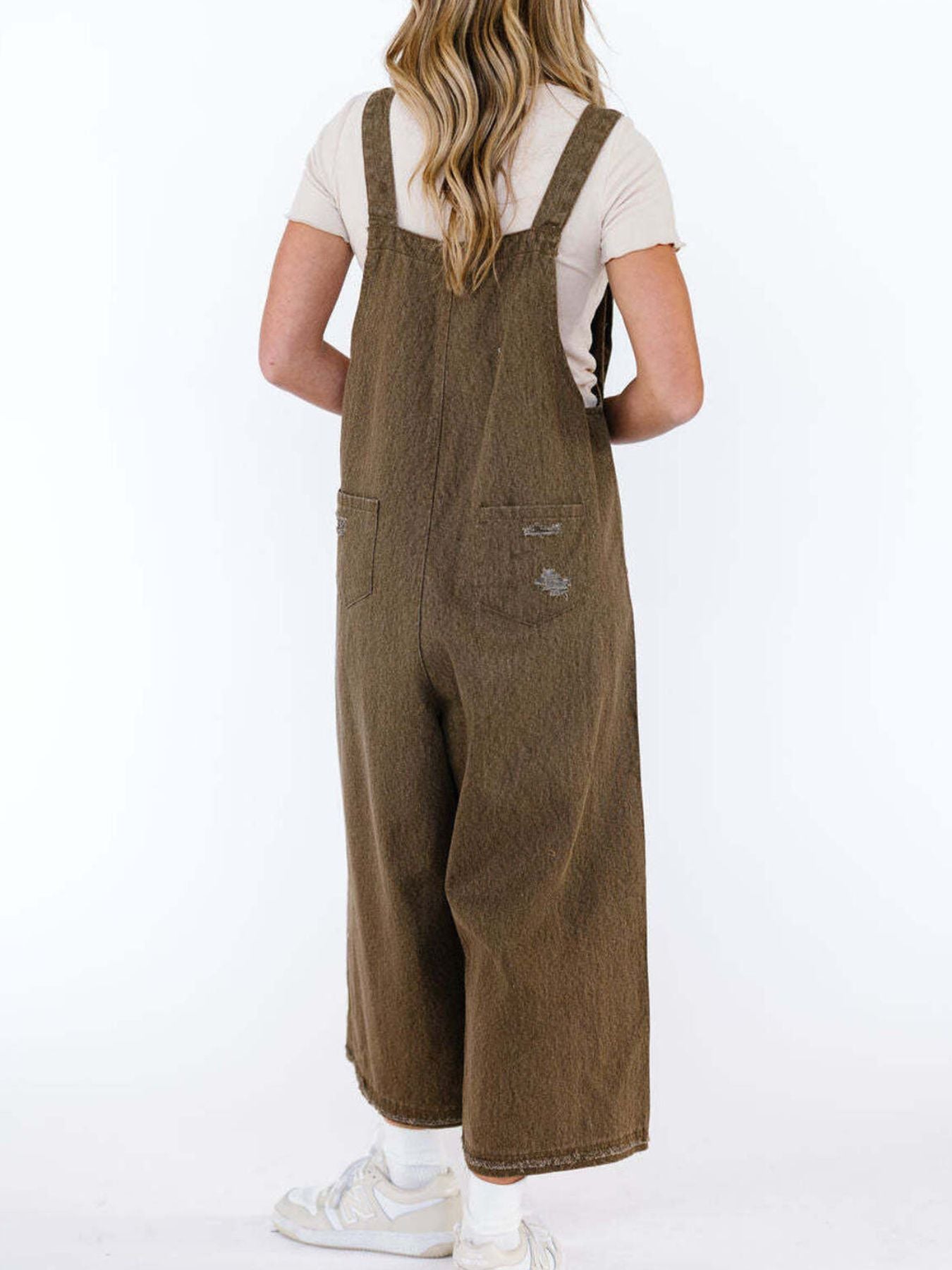 Distressed Wide Leg Denim Overalls by Dreamy Drapes
