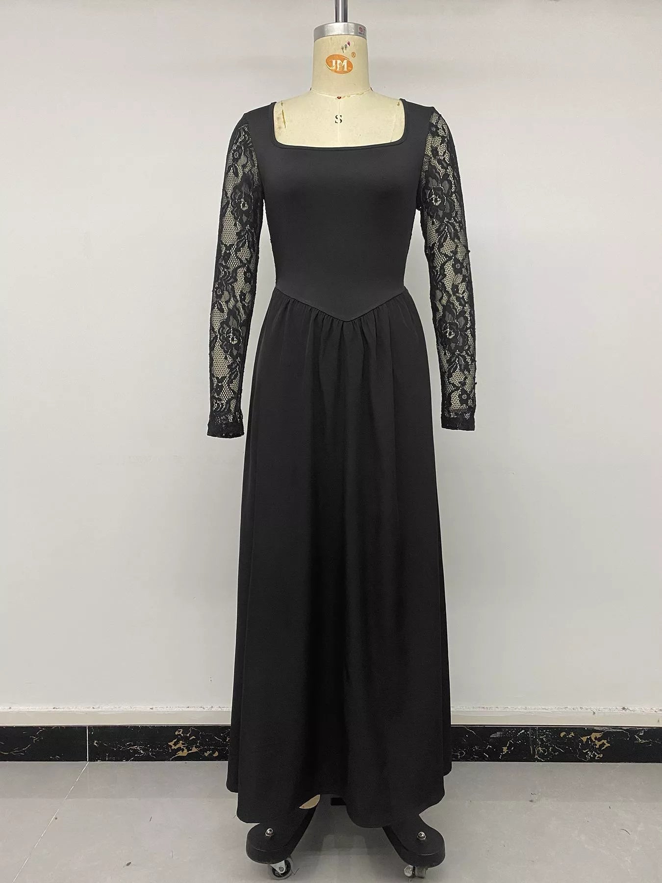 Square Neck Sheer Sleeve Maxi Dress in Black