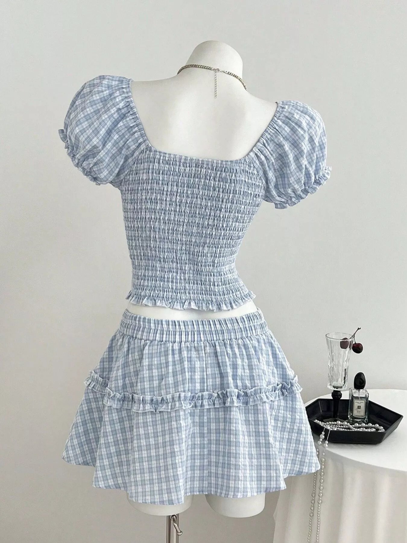 Plaid Puff Sleeve Blouse and Skirt Set in Blue