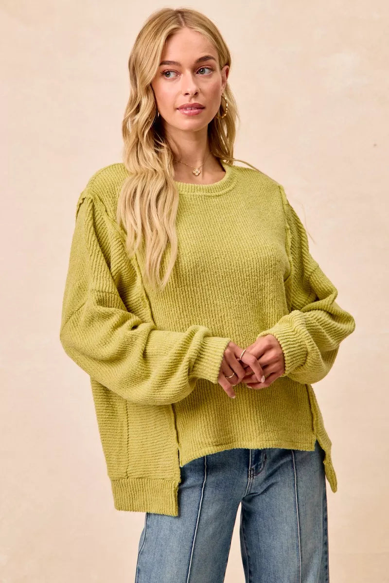 Boucle Uneven Hem Sweater in Lime by BiBi