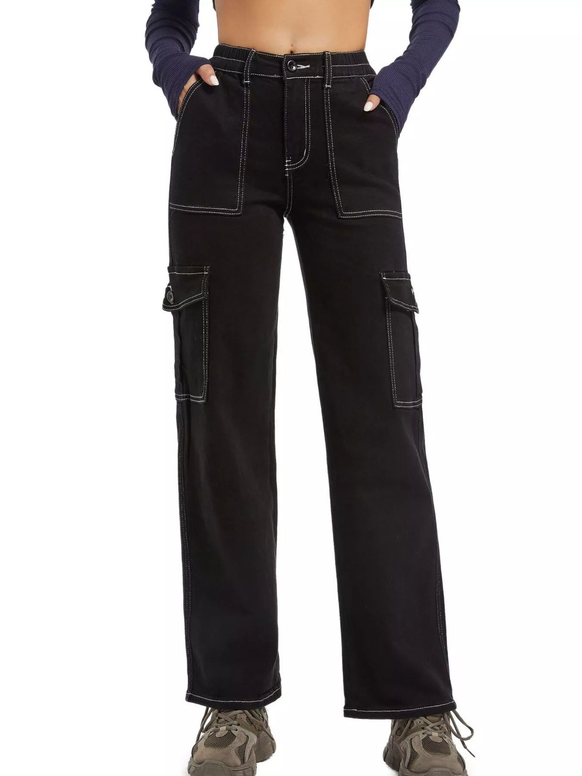 High-Waisted Cargo Jeans with Contrast Stitching