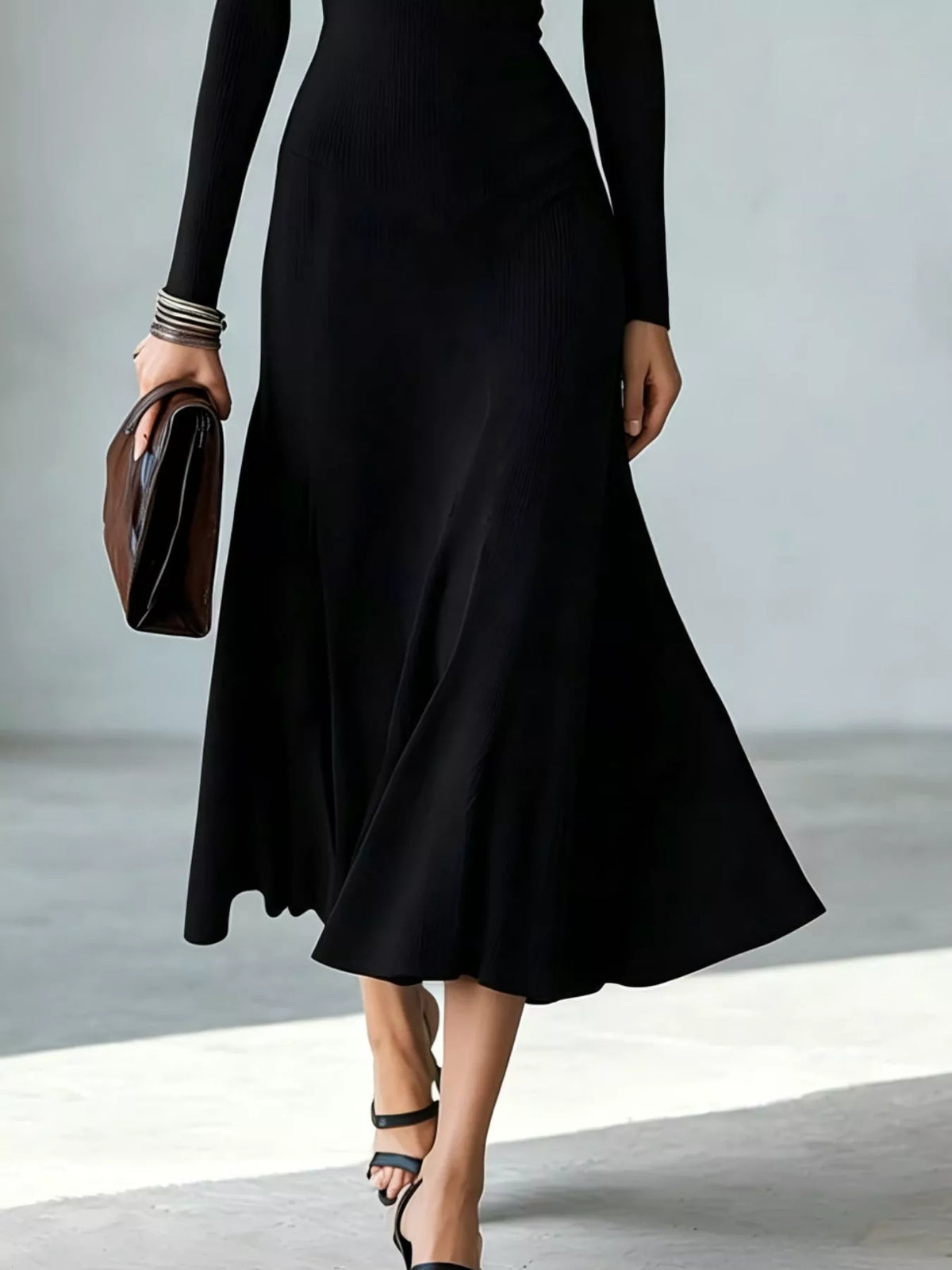 Mock Neck Cut-Out Long Sleeve Midi Dress