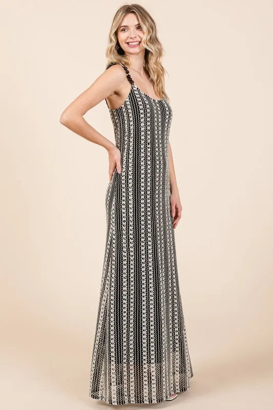 Striped Beaded Strap Maxi Dress in Black