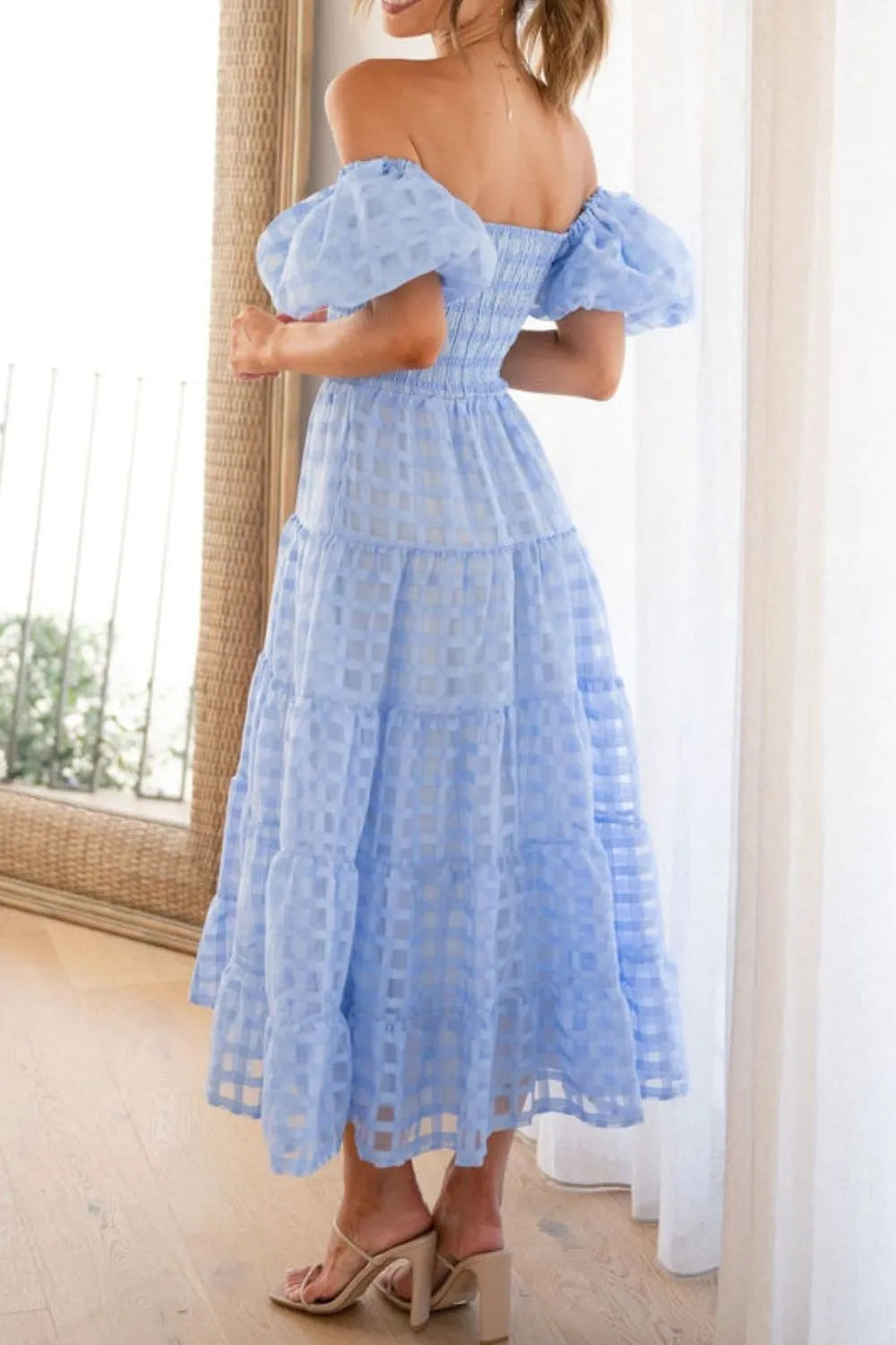 Off Shoulder Puff Sleeve Midi Dress