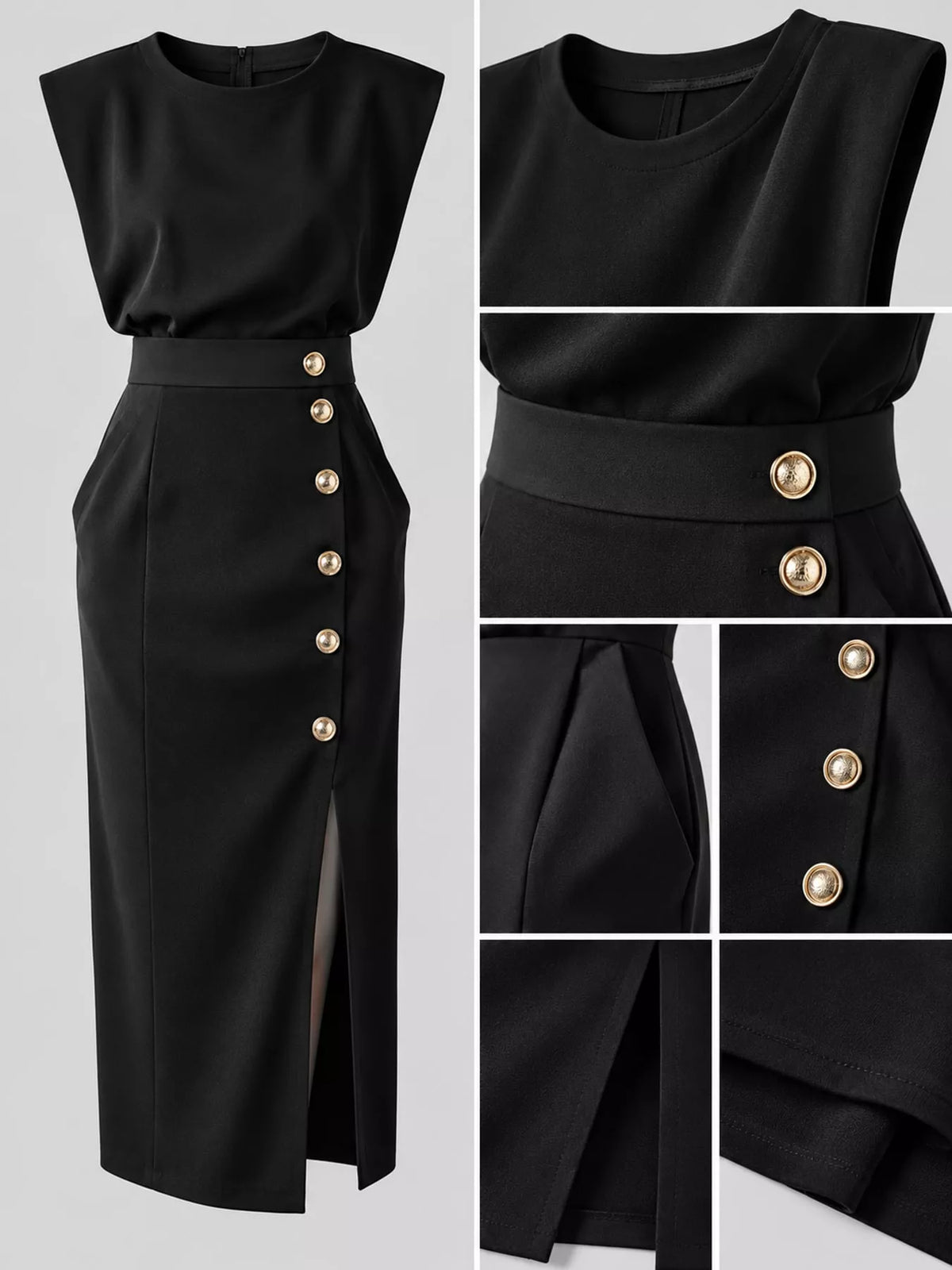 Sleeveless Midi Dress with Gold Button Detail