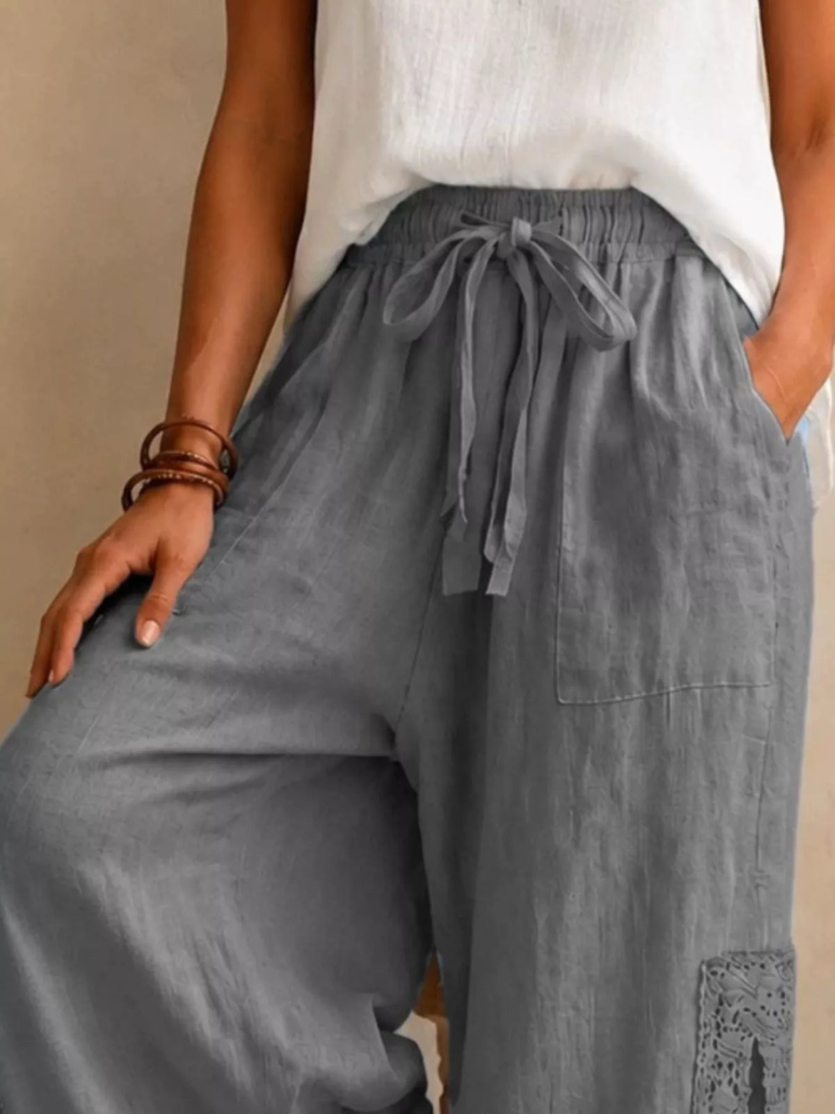 Lace-Detail Slit Wide Leg Pants
