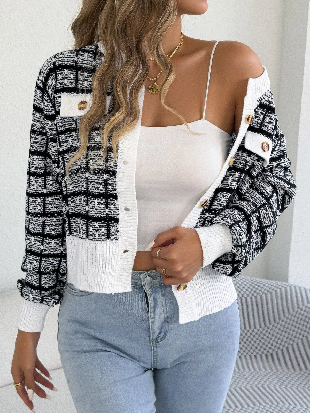 Plaid Tweed-Style Knit Cardigan by Clise