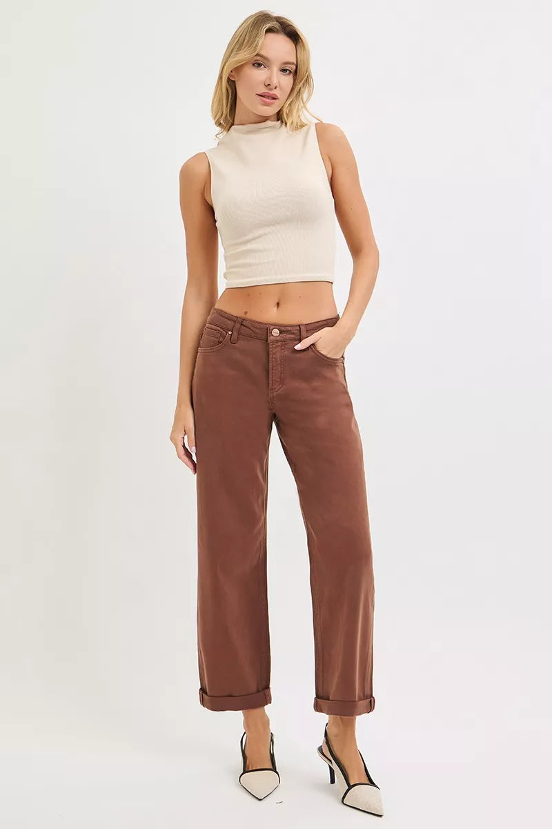 Risen Mid Rise Ankle Barrel Jeans in Cocoa