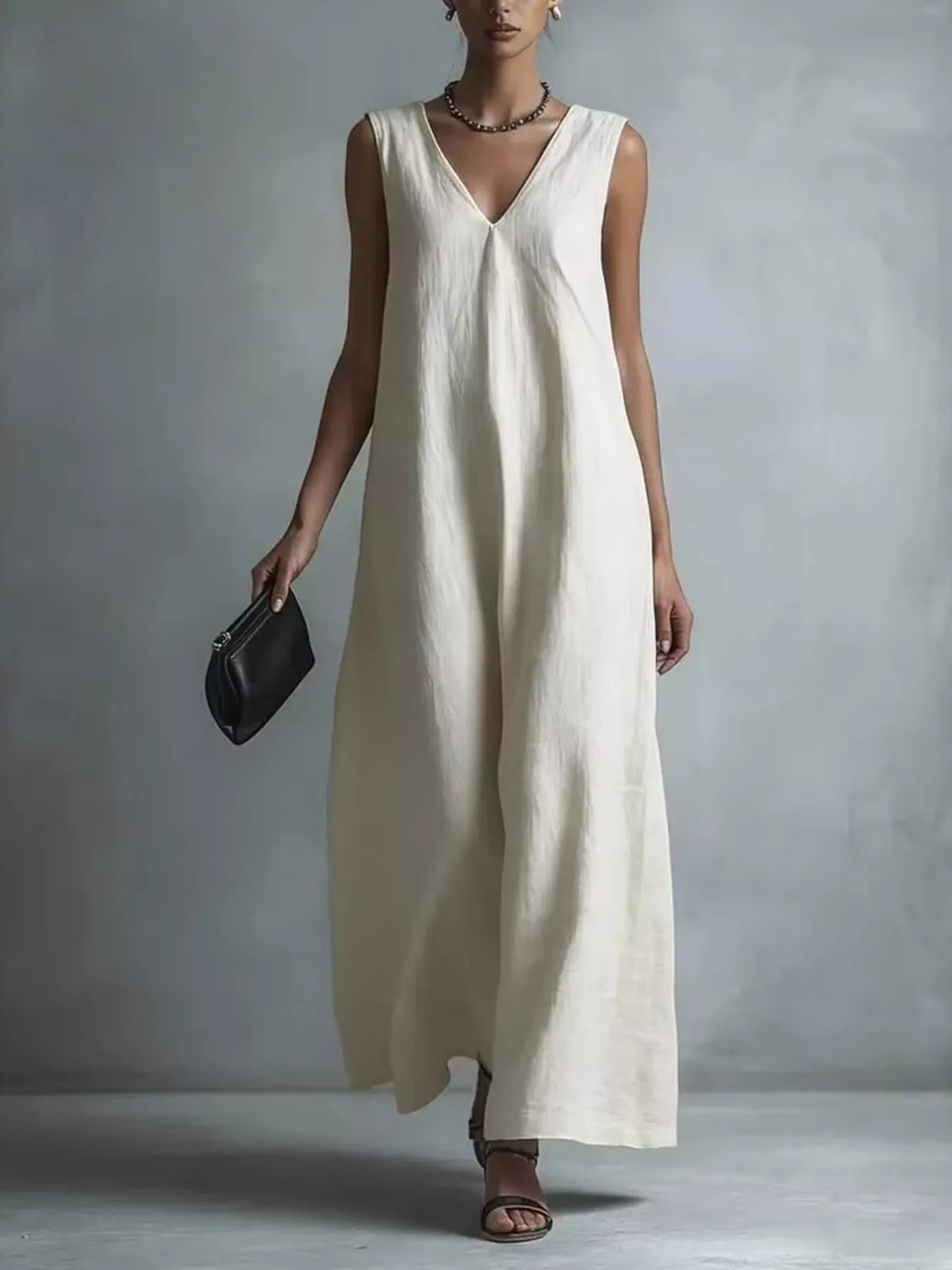 V-Neck Sleeveless Maxi Dress in Beige