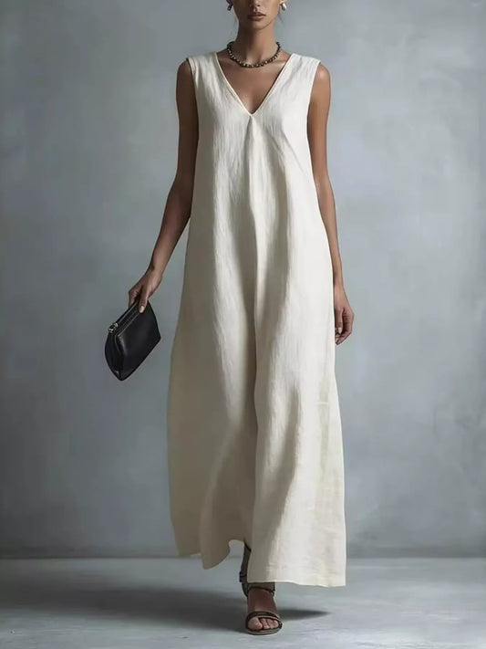 V-Neck Sleeveless Maxi Dress in Beige