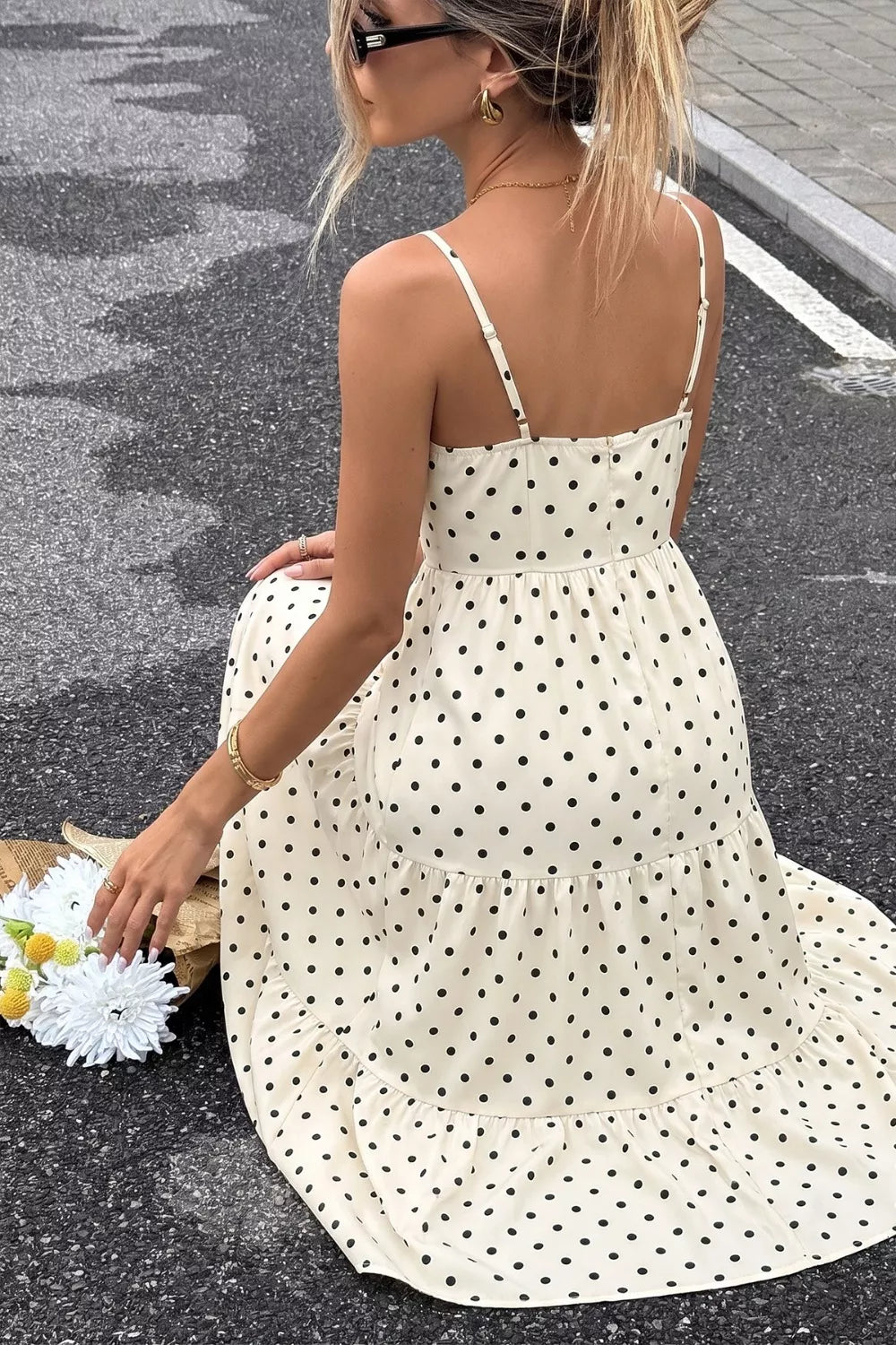 Polka Dot Tie-Front Cutout Maxi Dress in Cream