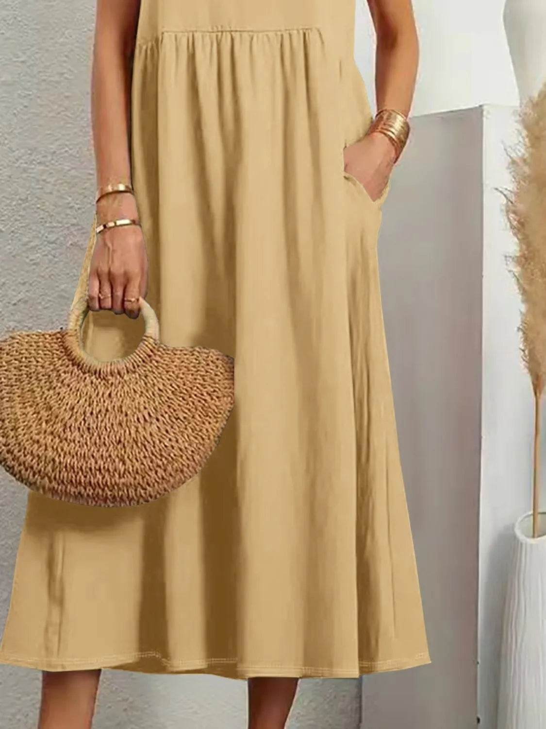 V-Neck Sleeveless Ruched Dress in Tan