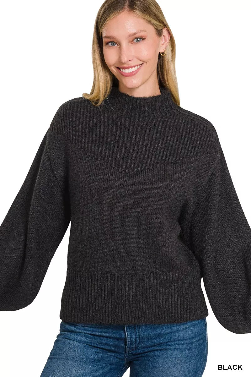 Zenana Balloon Sleeve Mock Neck Sweater in Black