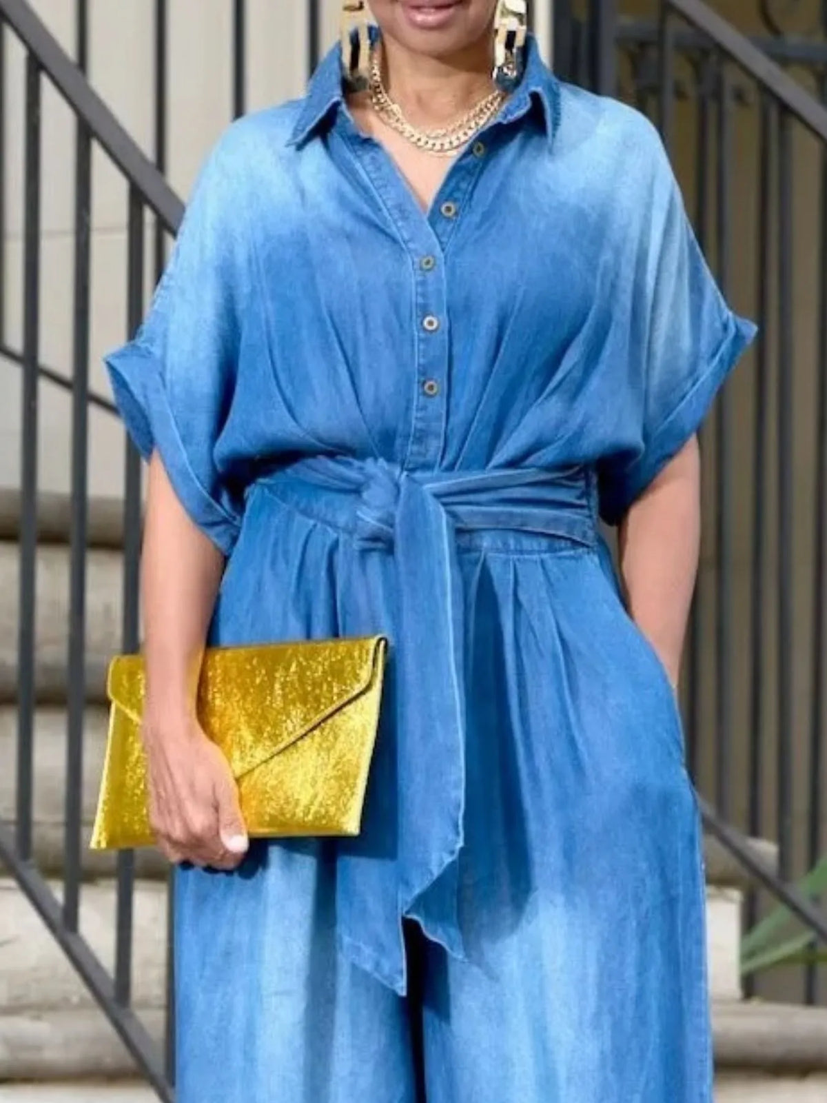 Button Front Wide Leg Denim Jumpsuit