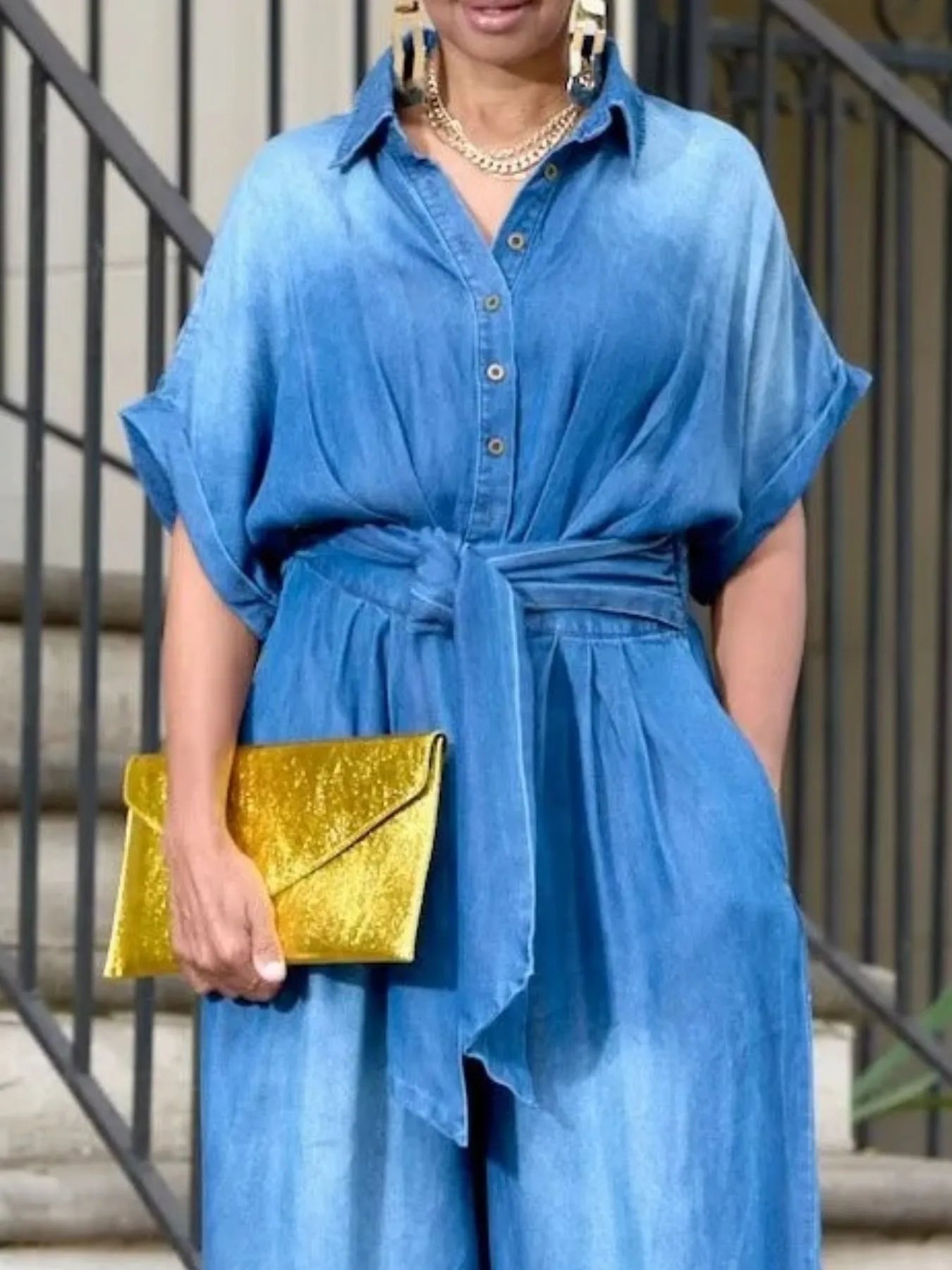 Button Front Wide Leg Denim Jumpsuit