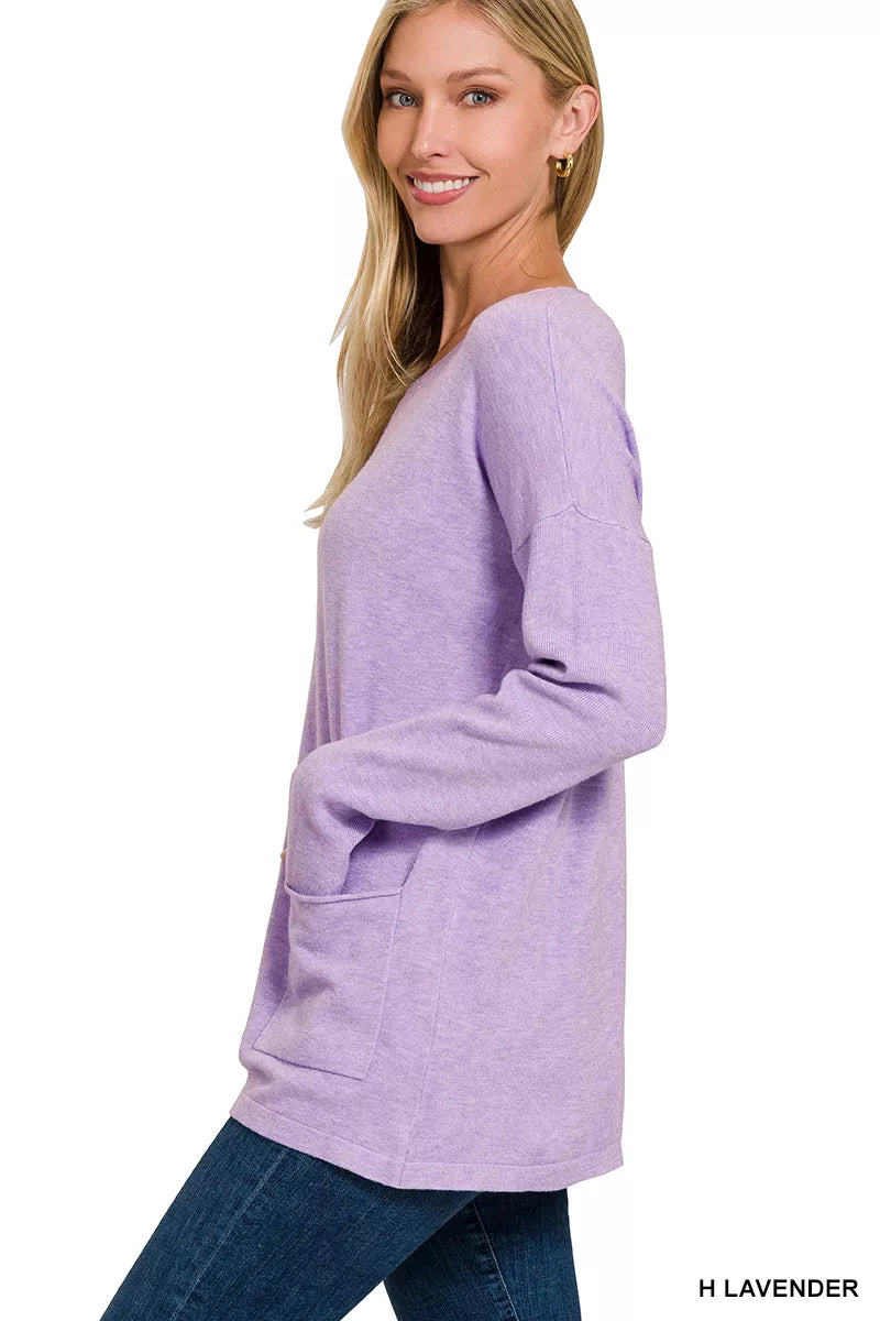 Zenana Long Sleeve Sweater with Front Pockets in Lavender in H lavender