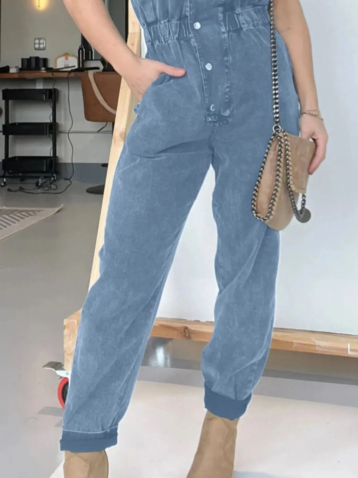 Button Front Cap Sleeve Denim Jumpsuit