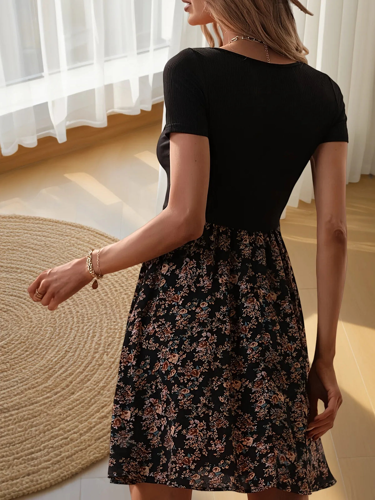Short Sleeve Floral Mini Dress by Classic Comfort