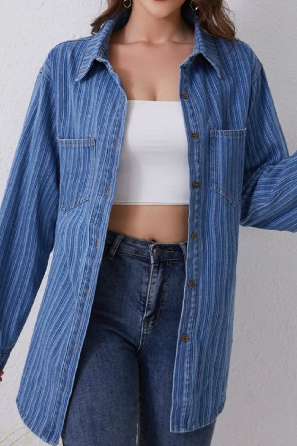 Striped Collared Denim Top in Medium Wash by Y.Y@Denim