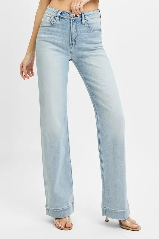 Risen High Rise Straight Leg Jeans in a Light Wash