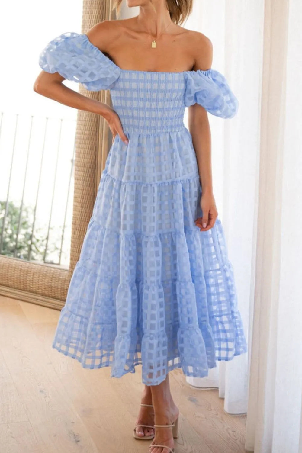 Off Shoulder Puff Sleeve Midi Dress