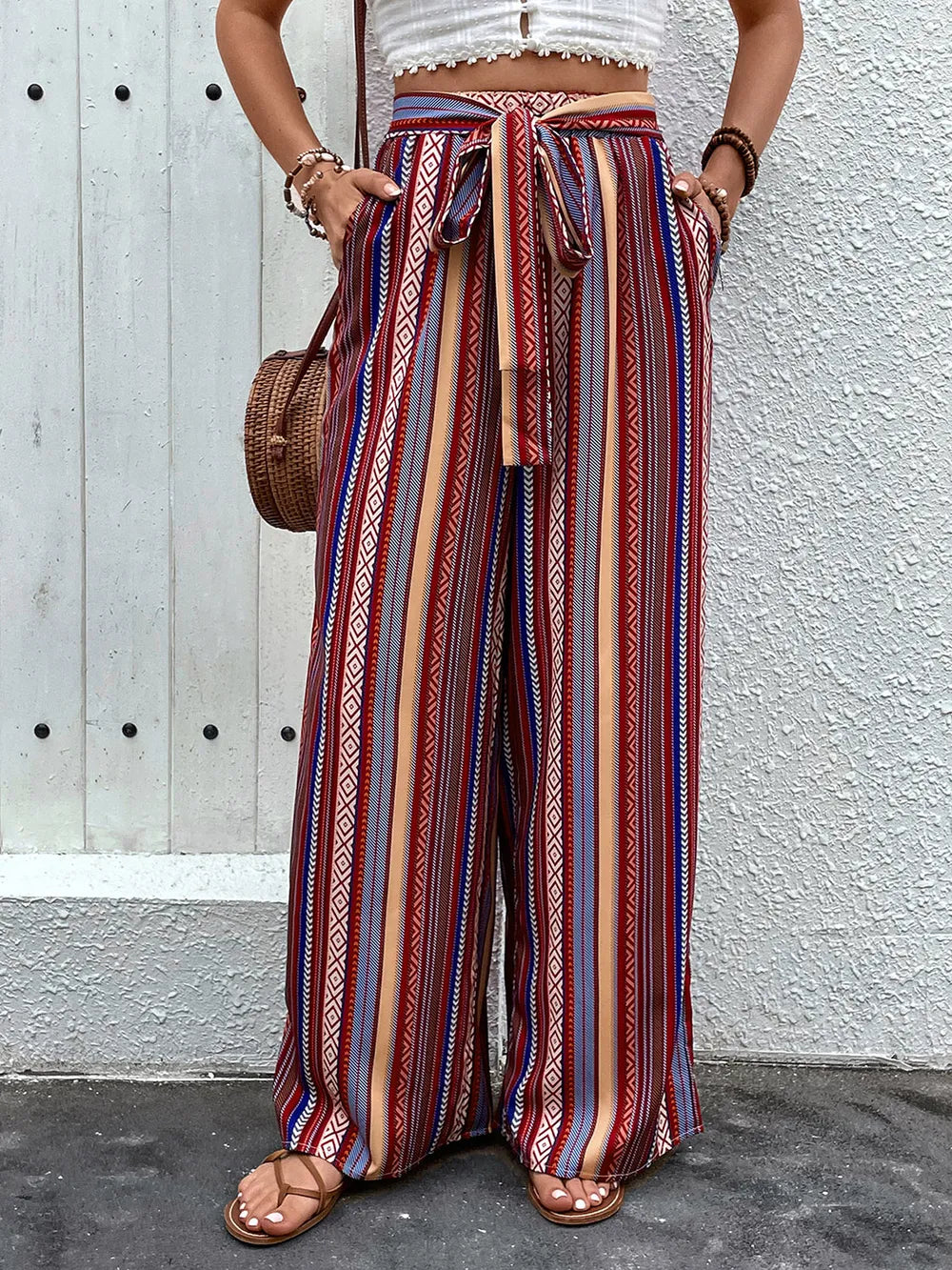 Geometric Tied Wide Leg Pants in Rust