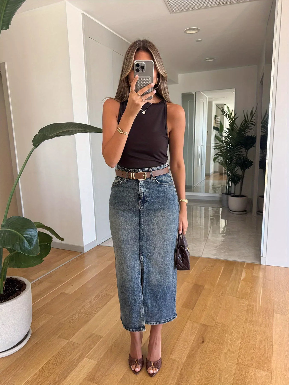 Pocketed Slit Front Denim Skirt in Medium by Lone Star Lady