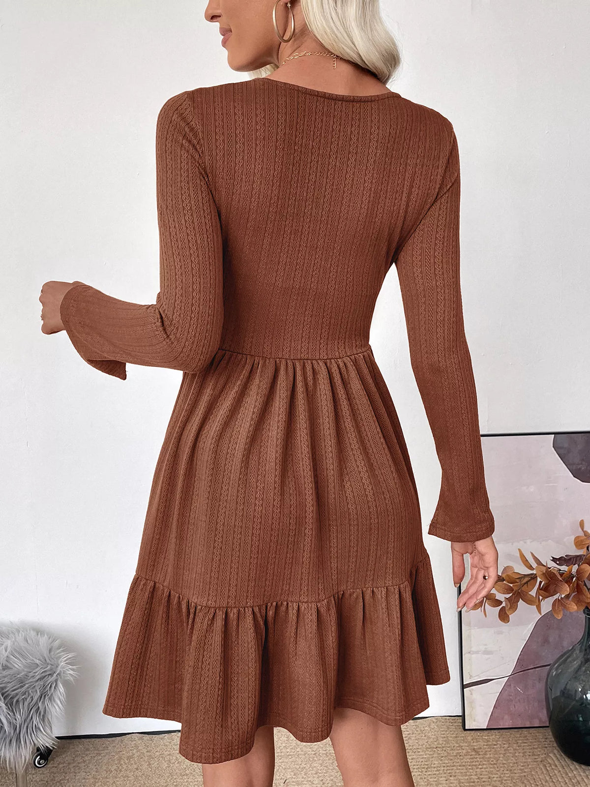 Ruffled Hem Long Sleeve Knit Dress in Coffee Brown