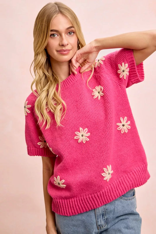 Fuchsia Lemon Flower Embroidered Knit Top in Fuchsia/Lemon by BiBi