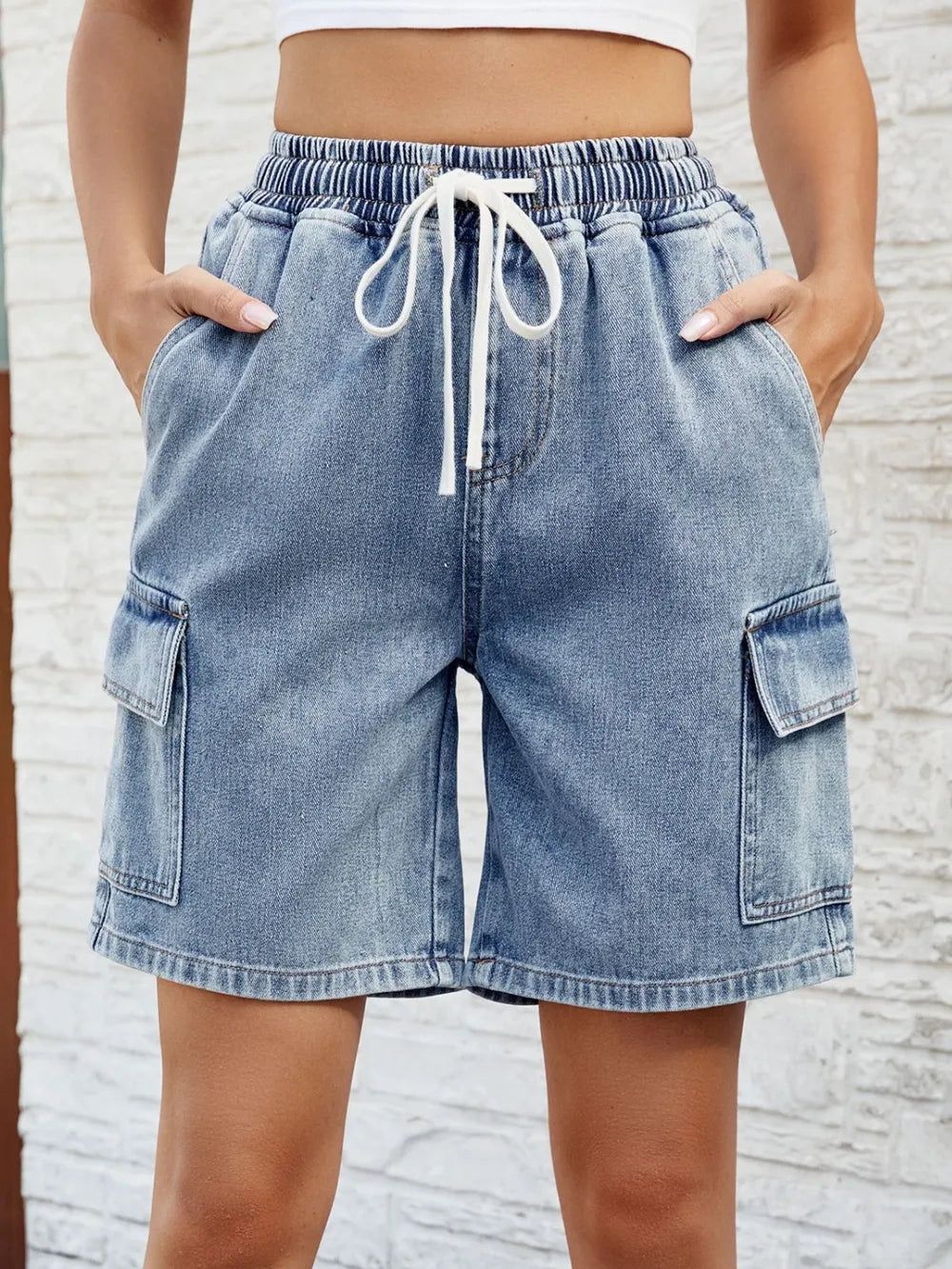 Drawstring Denim Shorts in Dusty Blue by Manny